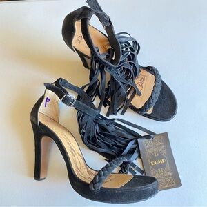 Romp 41 Black Suede Leather Fringe Tassel Ankle Strap Platform Stiletto Heel